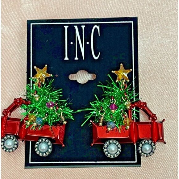 INC International Concepts Festive Red Pick-Up Truck Xmas Tree Stud Earrings - Picture 3 of 3